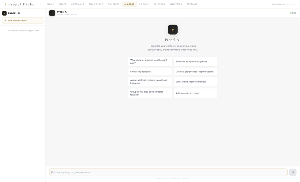 Propel AI operational agent interface with suggested pipeline commands
