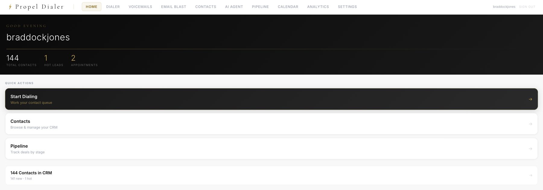 Propel Dialer dashboard showing total contacts, hot leads, appointments, and quick actions