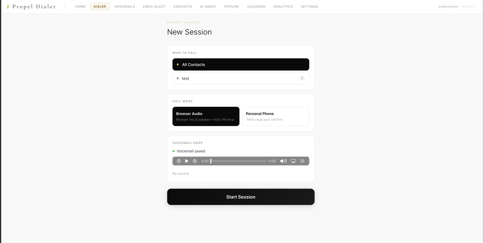 Dialer session setup with contact group, call mode, and saved voicemail drop